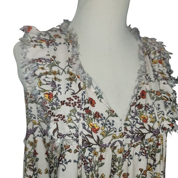 Floral Sleeveless V-Neck Blouse With Ruffle Trim By Pleione Anthropologie L/G - Picture 2 of 14